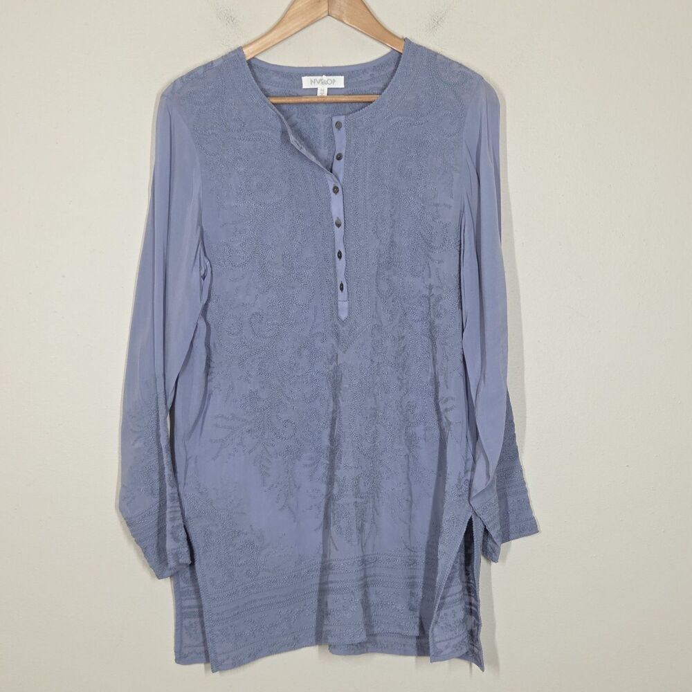 Nvelop Blue Embroidered Half Button Tunic Top M Boho Coastal Artsy Festival